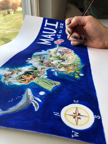 Maui Illustrated Map, Watercolor Painting