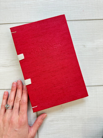 Hand-Bound Planner: Red fabric, tape binding, 8.5 x 5.5 in