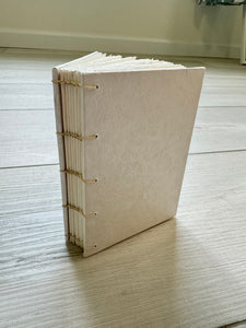 Hand-Bound Book: White floral paper, coptic binding, 3.25 x 4.75 inches