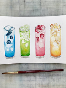 Tropical Drinks Original Watercolor Painting, 6 x 9 in.