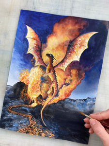 Volcanic Dragon Original Watercolor Painting, 8 x 10"