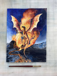 Volcanic Dragon Original Watercolor Painting, 8 x 10"
