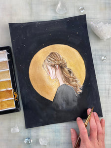 Golden-Haired Original Watercolor Painting, Framed