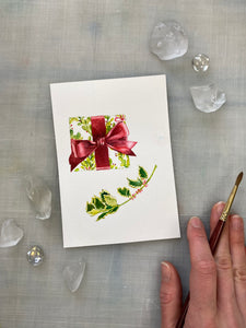 Holiday Gift and Holly Original Watercolor Mini Painting