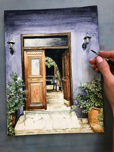 Open Door Original Watercolor Painting, 9x12"